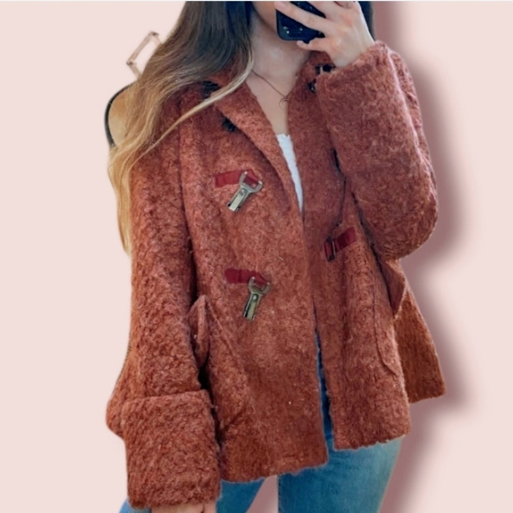 Anthropologie Tabitha Boucle Wool Blend Toggle Coat Jacket Rust/Amaranth Size M